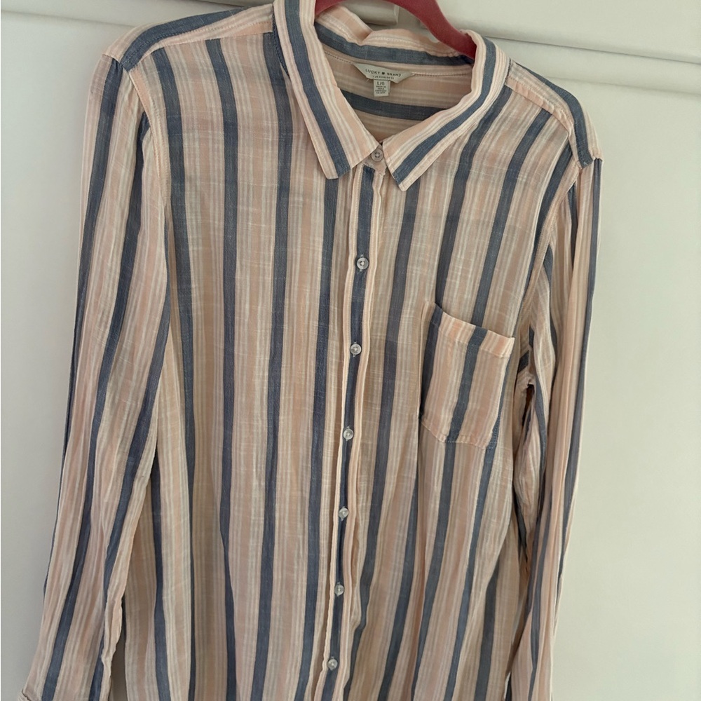 Lucky Brand Womens Striped Blue, light pink and Tan Shirt